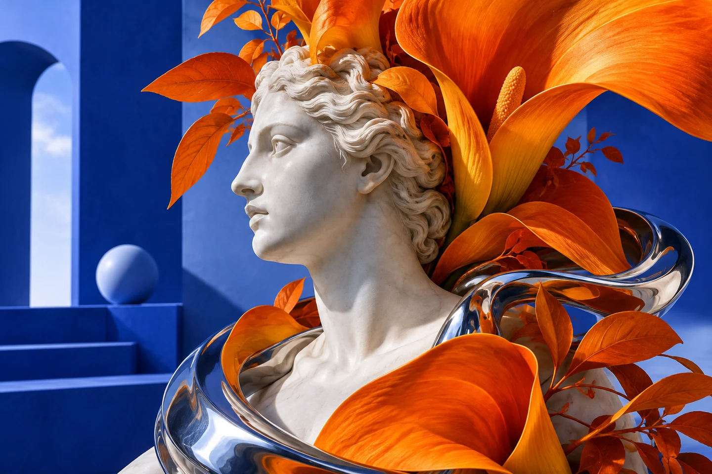 A marble sculpture, vivid orange flowers and a chrome ribbon composed against a cobalt blue studio backdrop.